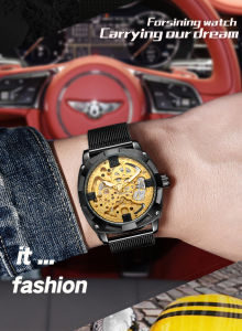 Forsining Watch Vintage Skeleton Mens Automatic Mechanical Watch Gold Stainless Steel Strap Luminous Hand Clock Men. mens gift