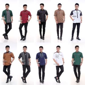 Baju Koko Muslim Pria Dewasa Lengan Panjang Katun Bordir Kombinasi Batik Pekalongan Motif PADI Terbaru - Kurta Pendek