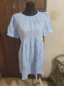 SKYBLUE CREW NECK HIGH-WAIST PUFF SHORT SLEEVES DRESS - Medium