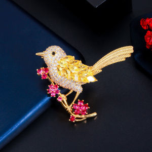 SEQUITO Exclusive Design Bird Flower Brooches Pins Pave Yellow Cubic Zirconia with Red Crystal Gold Plated Fashion Jewelry for Women Suit Accessories BP012