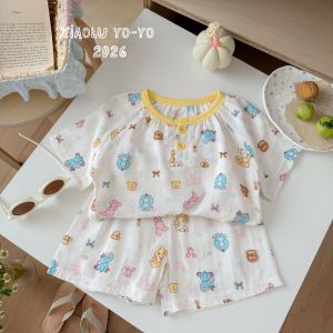 Soft Breathable Bamboo Cotton Short Sleeves Two Pieces Children Kids Causal Top & Shorts Set