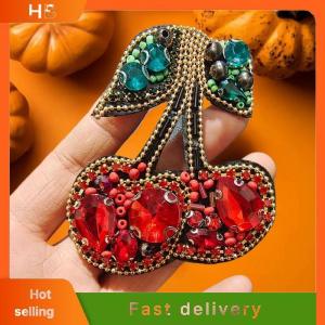 HB Red Handmade Beaded Rhinestone Cherry Heart Patch For Clothing Bag DIY Decoration Applique Accessories