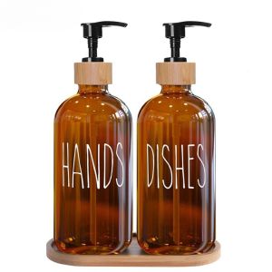 500ml Matte Dish Soap Hand Soap Bottle Kitchen Soap Dispenser Bamboo Wood Pump Refillable Bottle