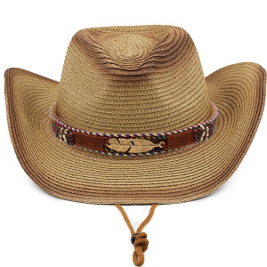 หมวกฟางคาวบอย สายคาดขนนกสีทอง สไตล์วินเทจสุดเท่ ปีกกว้างบังแดดดี น้ำหนักเบา 05-X0E+00HAT02