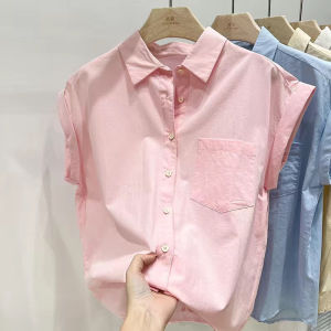 Womens Pure Cotton Shirt 2024 Summer New Casual Versatile Lapel Sleeveless Shirt Loose Solid Color Top