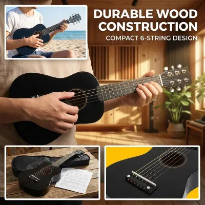 21-Inch Basswood Mini Acoustic Guitar 6-String Black Gloss Finish Portable Instrument for Kids and Beginners