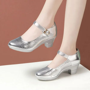 5.5cm 7.5cm Small Size 33 Breathable Cutout Block Heels Shoes Mary Janes 2026 Soft Leather Platform Pumps for Mom Dance Model