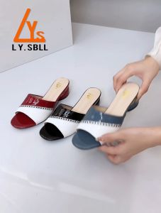 LYS Summer Slippers Women Rhinestone Low-Heeled Comfort Lady Sandals Open-Toe formal elegant 4 cm