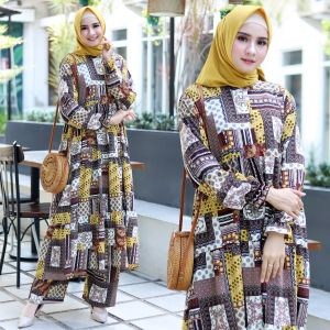 Fya Shope -Stelan Baju Tunik & Celana Wanita Muslimah Blouse Lengan Panjang Fashionable Baju Mewah Elegant Baju Tunik Wanita Busui Set Habibah / Good Quality / Best Seller / Real Pict
