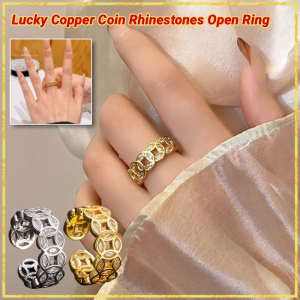 Lucky Copper Coin Open Ring With Rhinestones Female Light Luxury Temperament Ring Adjustable Copper Coin Ring 招财铜钱开口戒指