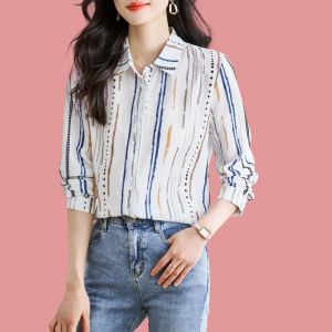 New.fashions Kain Sifon Berkualitas Tinggi Kemeja Wanita Lengan Panjang Bergaris Putih Atasan Import Longgar Ala Korea