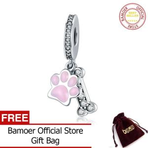 BAMOER Free Shpping Fashion New 925 Sterling Silver Animal Dog Footprint & Dog Bone Pendant Charm fit Women Bracelet DIY Jewelry SCC452