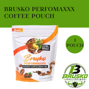 Brusko Performaxxx Instant Coffee Drink Mix Pouch - 120g Net Weight - Orange and White Packaging - Coffee Beans and Cream Imagery - Brusko Philippines Branding