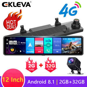 EKLEVA กล้องติดรถยนต์กระจก12นิ้วเลนส์คู่ FHD 1080P 4G Android 13/8.1 Stream Media กระจกมองหลังรถบลูทูธกล้อง DVR รถยนต์ ADAS การมองเห็นได้ในเวลากลางคืน WiFi Nav บนแผงหน้ารถ GPS Cam