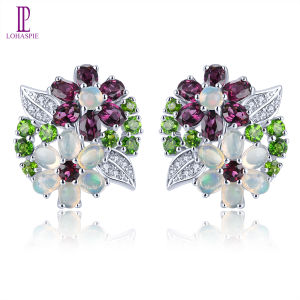 Lohaspie Jewelry Real 5.5 Carats Solid Sterling Silver 925 Clip Earring Natural Opal Rhodolite Garnet Clip Earring Genuine Opal Stone Clip Earring Opal Earring For Women Jewelry
