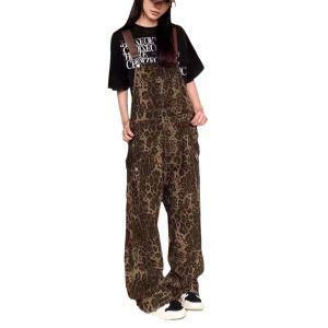 American Retro Street Style Leopard Print Overalls for Women Loose Fit Versatile Wide-Leg Slimming Jeans Trendy