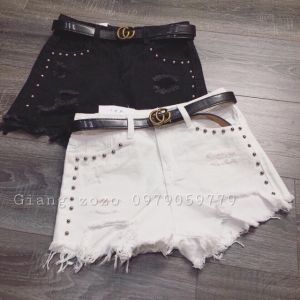 Quần short đùi nữa rách tua rua chất kaki co giãn đính hạt hai bên lai đen trắng S M L