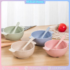 1PC Baby Feeding Bowl Spoon Set Wheat Straw Double Ear Bowl Anti-Scalding Childrens Tableware