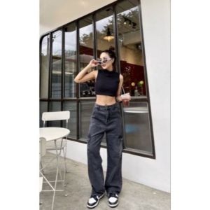 Celana Highwaist Cargo Jeans Wanita Loose Light Blue