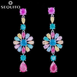 SEQUITO 18K White Gold Plated Stylish Round Drop Jewelry Multi Cut Pink Blue Yellow Cubic Zirconia Diamond Long Earrings with 925 Silver Pins for Ladies SE083
