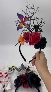 Gothic Theme Flower Branch Headbands with Realistic Spiders Halloween Hair Accessories for Adult Festival Headpiece