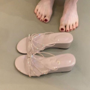 Free Shipping 2026 Rhinestone Thin Strap High-End Wedge Sandals For Women New Summer Beach Thick-Soled Slippers For Women