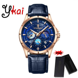 [With a Watch Box] Ykai Fashion Mans Watches Luxury Wristwatch Business Starry Sky Dail Quartz Men Casual Watch Waterproof Luminous Chronograph Date Mens Watches Leather Strap Male Watches  916P