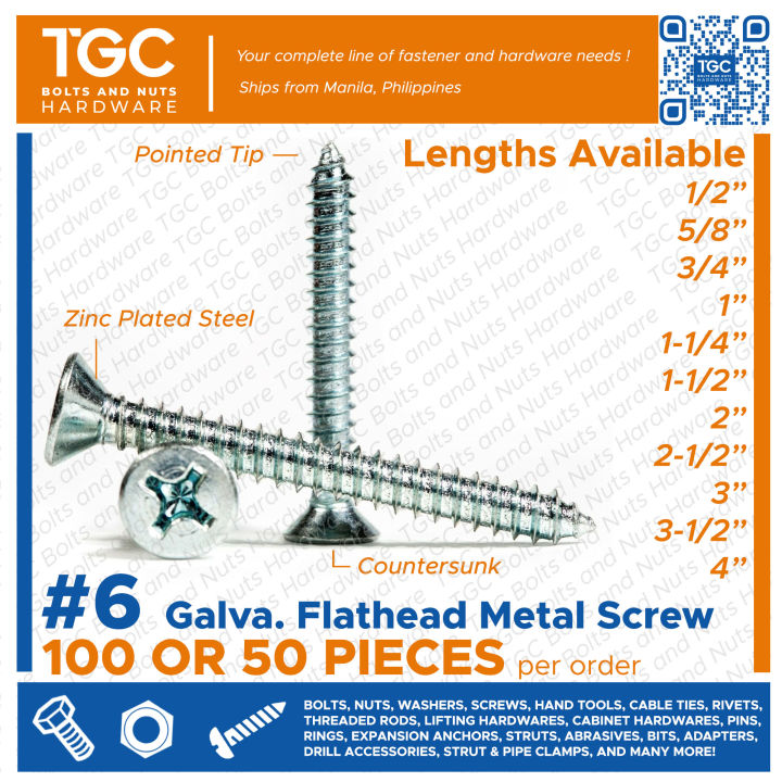 TGC 100PCS 6 x 1/42 inches Flat Head Metal Screw GI Galvanized