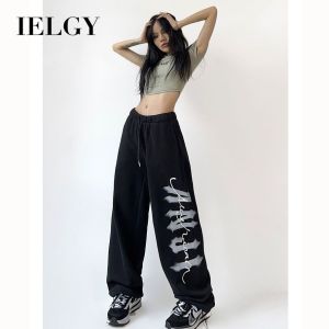 IELGY Loose high-waisted drawstring American-style printed sports casual wide-leg pants for women