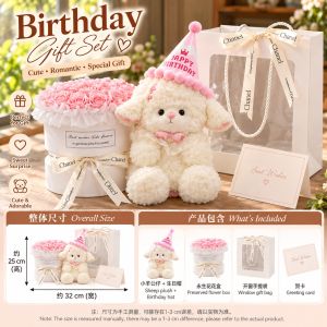 White Plush Puppy Toy with Pink Accessories in Clear Box with Pink Roses and "Happy Every Day" Basket