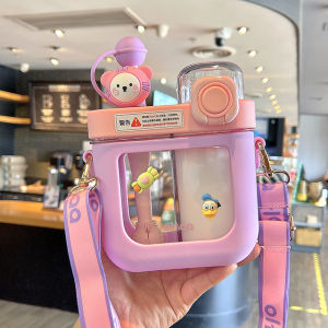 580ml Cute Children Square Water Bottle For Girls School Tritan Double Straw Drinking Water Cup BPA Free Portable Leak Proof Anti-drop