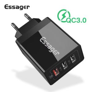 【3 Pin UK /EU /US Plug】Essager 30W Quick Charge 3.0 3 Port USB Charger Fast Charging Multi Plug USB Socket Mobile Phone Charger for iPhone 12 11Samsung Huawei Xiaomi Mi oppo redmi note 9s