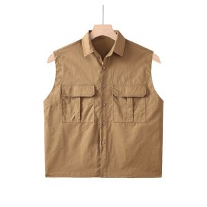 Box Fit Sleeveless Polo Shirt For Men Sleeveless Cropped Vest Muscle Cargo Pockets Thick Fabric