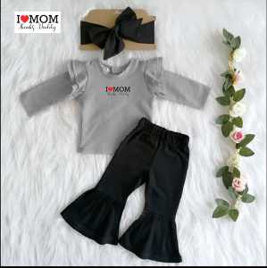 Stelan Kaos Anak Perempuan Atasan Lengan Panjang I love MOM Celana Cutbray 1-8 Thn/Set Lala Kids