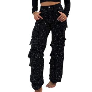 Comfort Fit Rhinestones Embellished Wide Leg Jeans For Women Elastic Waistband Functional Pockets Stretch Denims Trousers