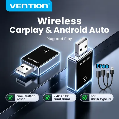 Vention Wireless Carplay 2.4G 5.8G Android iOS Auto 2 in 1 Adapter Dual System Compatible with USB-A USB C Cable Plug and Play for Multiple Car