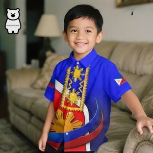 Philippine Flag Kids Shirt Blue Pink Barong Tagalog for Kids Boys Short Sleeve 3D Sublimation Philippine Ethnic Barong Tagalog for Teens Boys
