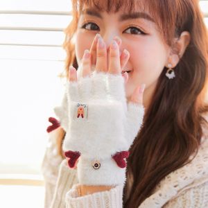 THANKSKY น่ารัก ระบายอากาศได้ ยางยืด ฤดูใบไม้ร่วงและฤดูหนาว ผู้หญิง พลัสกำมะหยี่ ถุงมือผู้หญิง พลิกถุงมือ ถุงมือครึ่งนิ้ว ถุงมือผ้าขนสัตว์คริสต์มาส