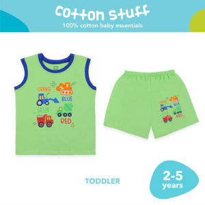 Cotton Stuff Muscle Shirt & Shorts Set Lets Build - Boy | Soft 100% Cotton Baby Clothes | Green | 2-5 Years