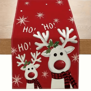 MUQZI Reindeer Christmas Table Runner Tabletop Decoration Santa Snowman Xmas Table Flag Holiday Decor Plaid Poinsettia Table Runner Christmas