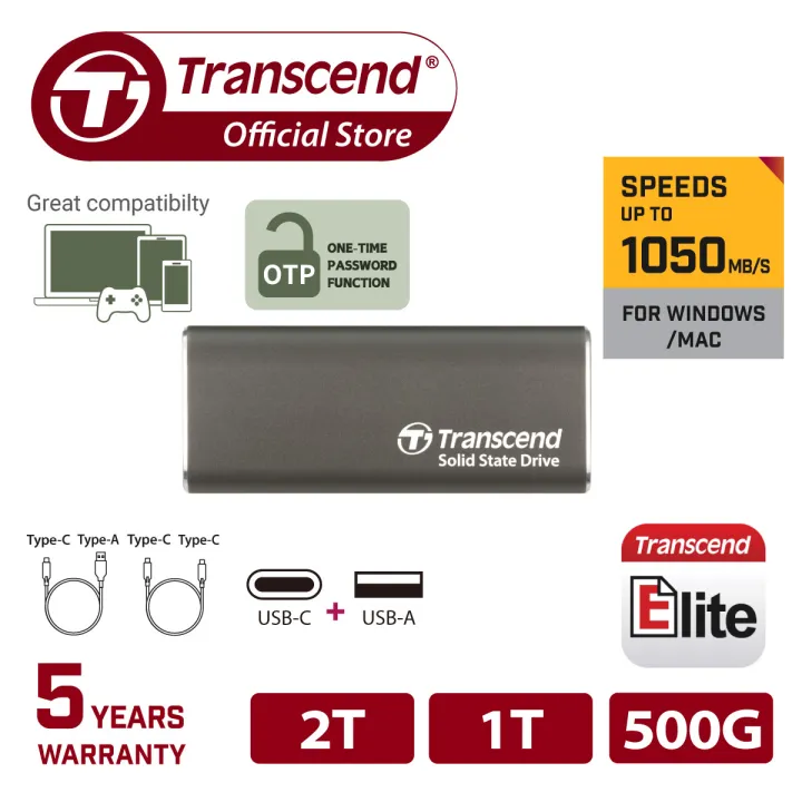 Transcend ESD265C Portable SSD, Iron Gray ( 500GB / 1TB / 2TB ) | Weighing 31 grams, Type-A & Type-C Cable Included, Exclusive App