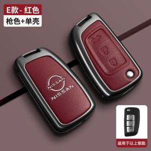 Genuine Leather Gray Zinc Alloy Flip Car Key Fob Case Cover Chain For Nissan Navara NP300 Almere MT X-Trail Sylphy March Micra Note Juke Pulsar Qashqai NV200 Folding Remote Holder Buttons Protector Shell Keychain