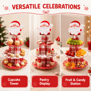 YERZ Detachable Design Santa Claus Cupcake Stand 3 Tier Round Dessert Display Holder Stable Plaid Cake Display Rack Christmas Party Supplies