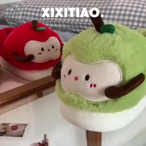XIXITIAO Bedroom Winter Fun Red Apple Warm and Comfortable 2025 New Style Maternity Shoes for Women Fleece-Lined Cute Home Cotton Slippers