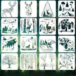 16PCS/SET กวางป่า หมาป่า หมี แม่แบบภาพวาดแบบกลวง ต้นไม้ทิวทัศน์ธรรมชาติ ภูเขา แม่น้ํา สัตว์ แม่แบบ