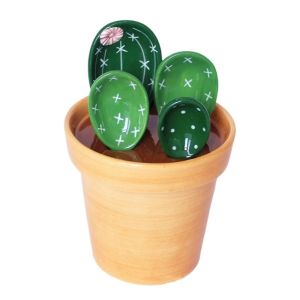 BAGUO(霸果) Cactus Shape Measuring Spoons Set Space Saving Ceramic Baking Spoons Cute with Base Flower Pot Spoon Kitchen Tool