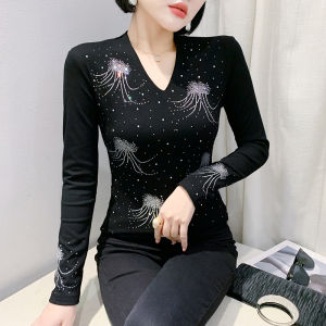 Yimei Thời Trang Sứa kim cương nổi bật Áo sơ mi mặc trong Cho Phụ Nữ 2024 Mùa Đông Áo Phông Cổ Chữ V Mới ôm vừa dài tay Phong Cách Và Hàn Quốc dáng ôm màu đen phía trên