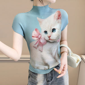 Yimei khí 3D áo in hình cho phụ nữ trong mùa hè 2025 cảm giác thiết kế hợp thời trang xếp li ôm phù hợp giảm béo tay ngắn đàn hồi Áo Thun Cá Tính