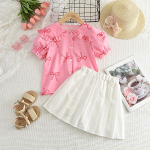 Bear Leader Girls Sweet Cute Summer Clothing Korean Version Bow Printed Bubble Sleeve Top+Solid Color Pleated Skirt Two Piece Set 3-7 Years Children Fashion Casual Wear