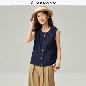 Giordano Women Floral buttons round neck denim vest Free Shipping 18376203